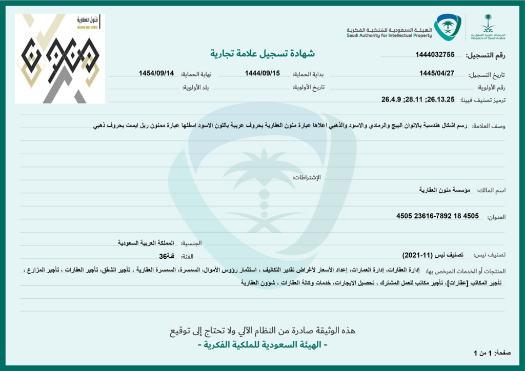 شهادة الملكية الفكرية- مؤسسة منون العقارية