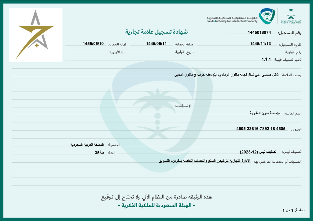 شهادة الملكية الفكرية - مجمع نجمة الدراجة التجاري